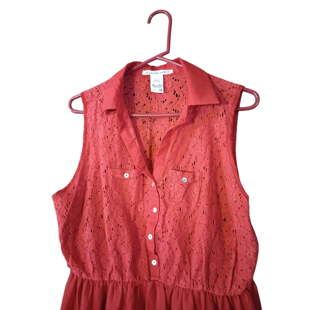 American Rag Red Eyelet Mix Fabric Shirt Dress Country Cottagecore Cowgirl 1X - Picture 2 of 12